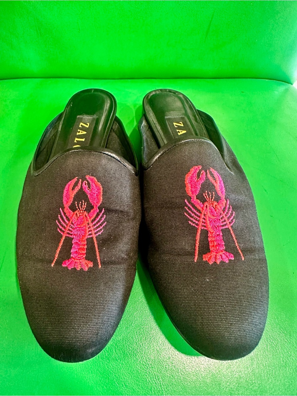 Zalo Black Slip-On Mules with Red & Pink Lobster Embroidery